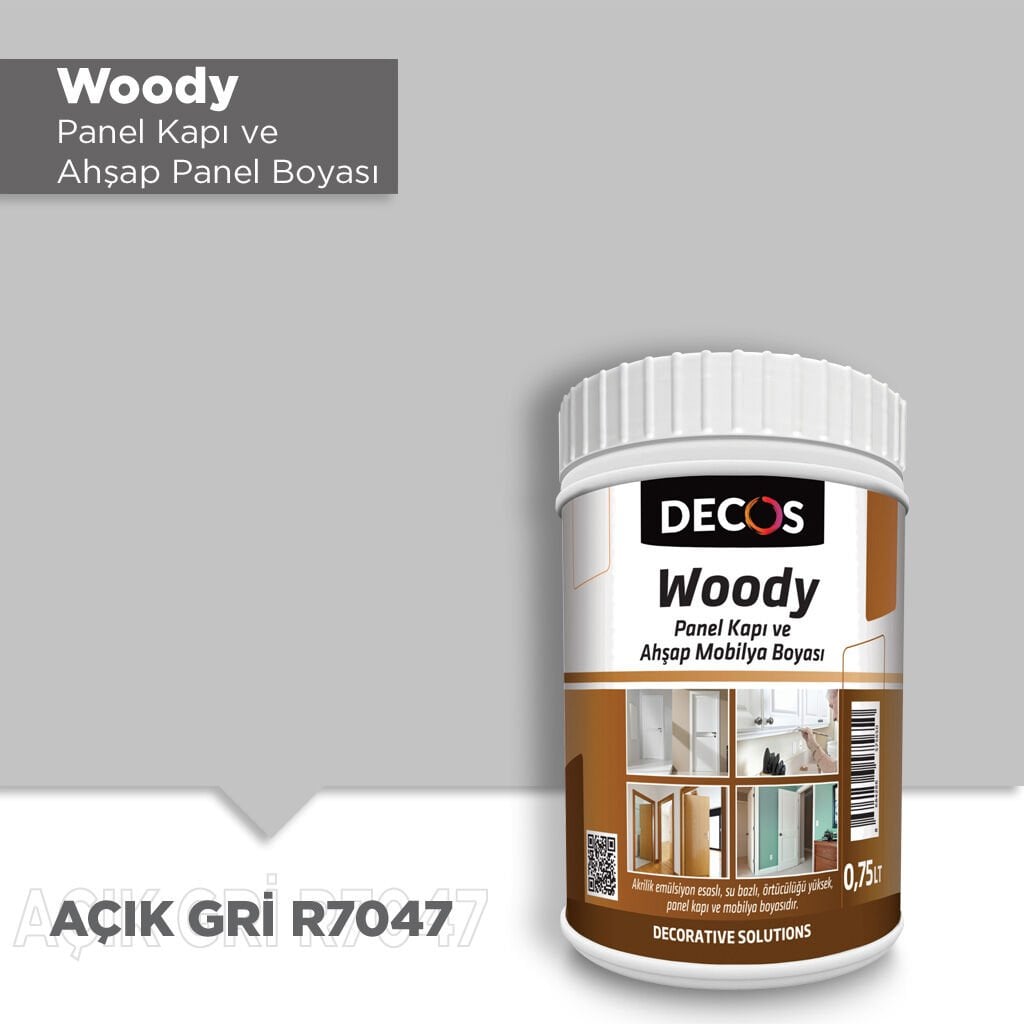 Decos Woody Panel Kapı Boyası 0.75 Litre - Açık Gri R7047